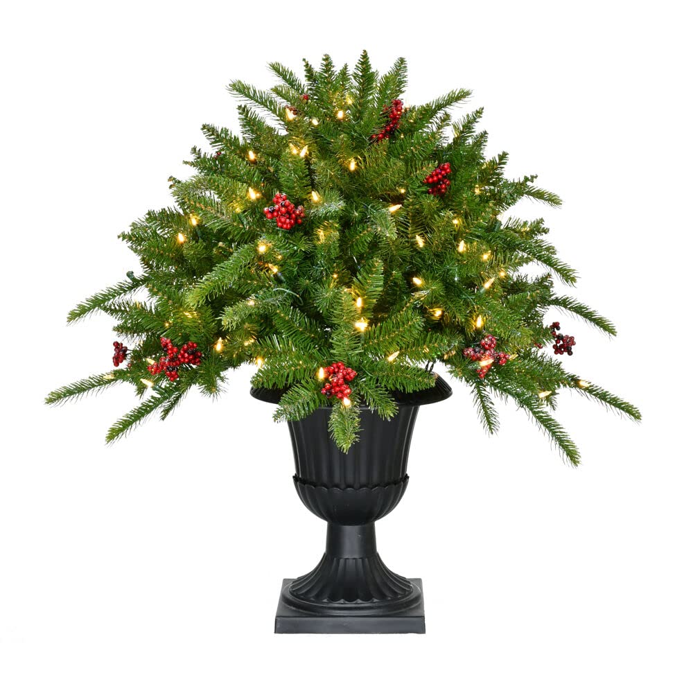 FHF 24" Porch Tree, Greenery & Berries in Black Pot, WW LED Lights