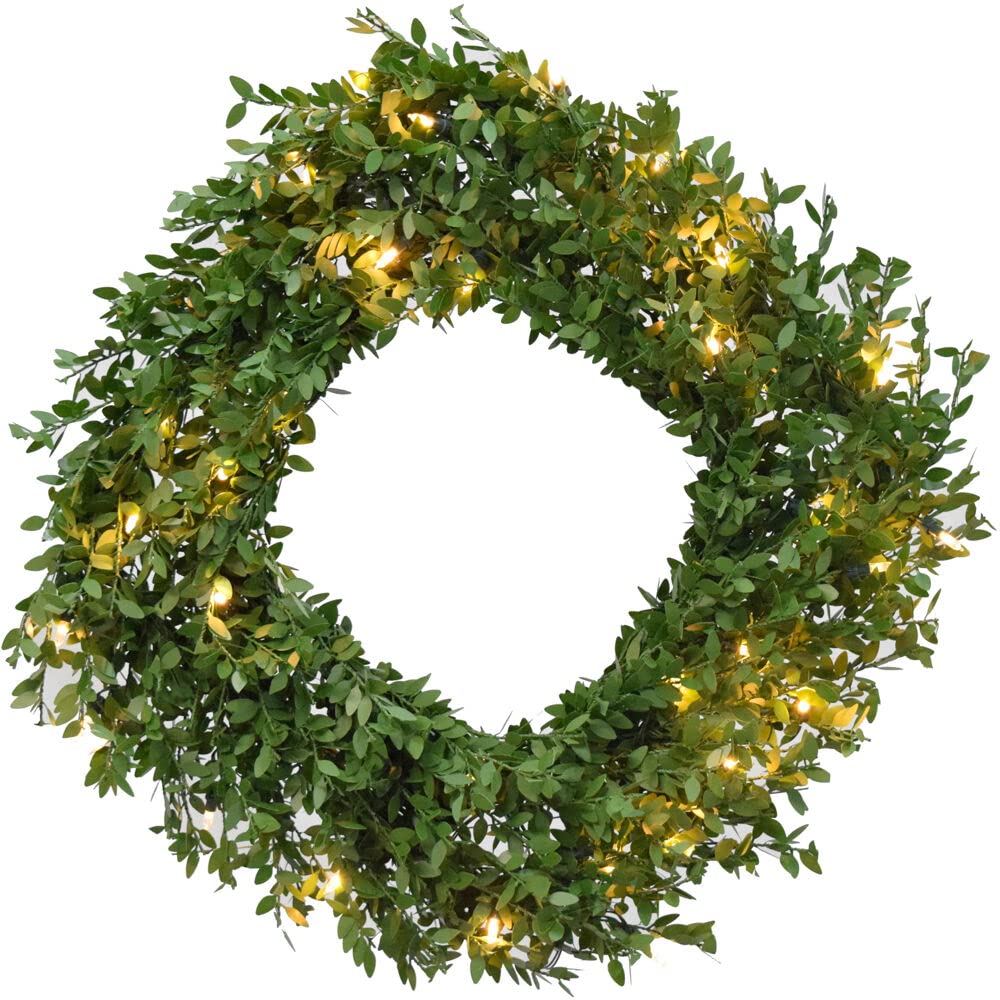 FHF 24" Square Boxwood Wreath, B/O Warm White LED Lights