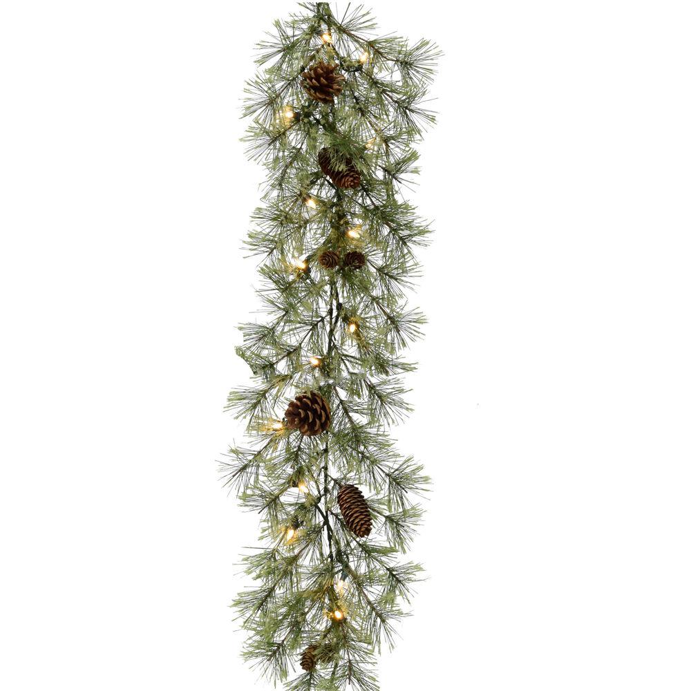 FHF 9' Garland with Pinecones, B/O Warm White LED Lights