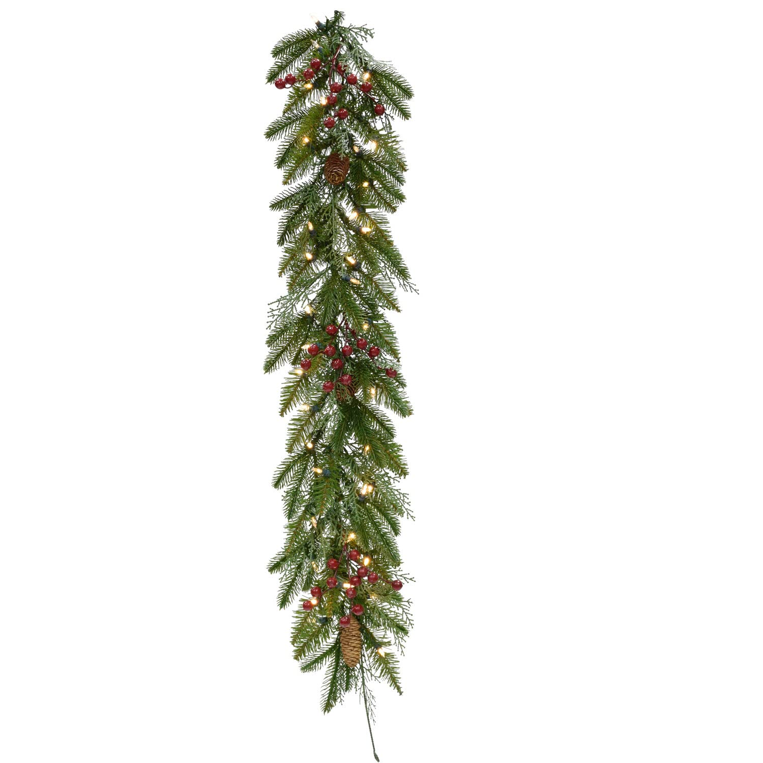FHF 9' Garland with Pinecones and Berries, B/O Warm White LED Lights