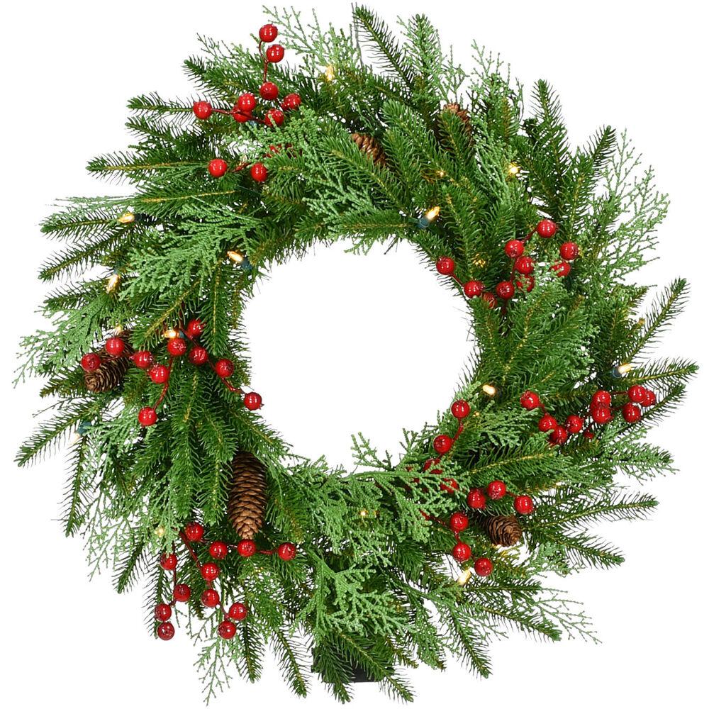 FHF 24" Wreath with Pinecones and Berries, B/O Warm White LED Lights