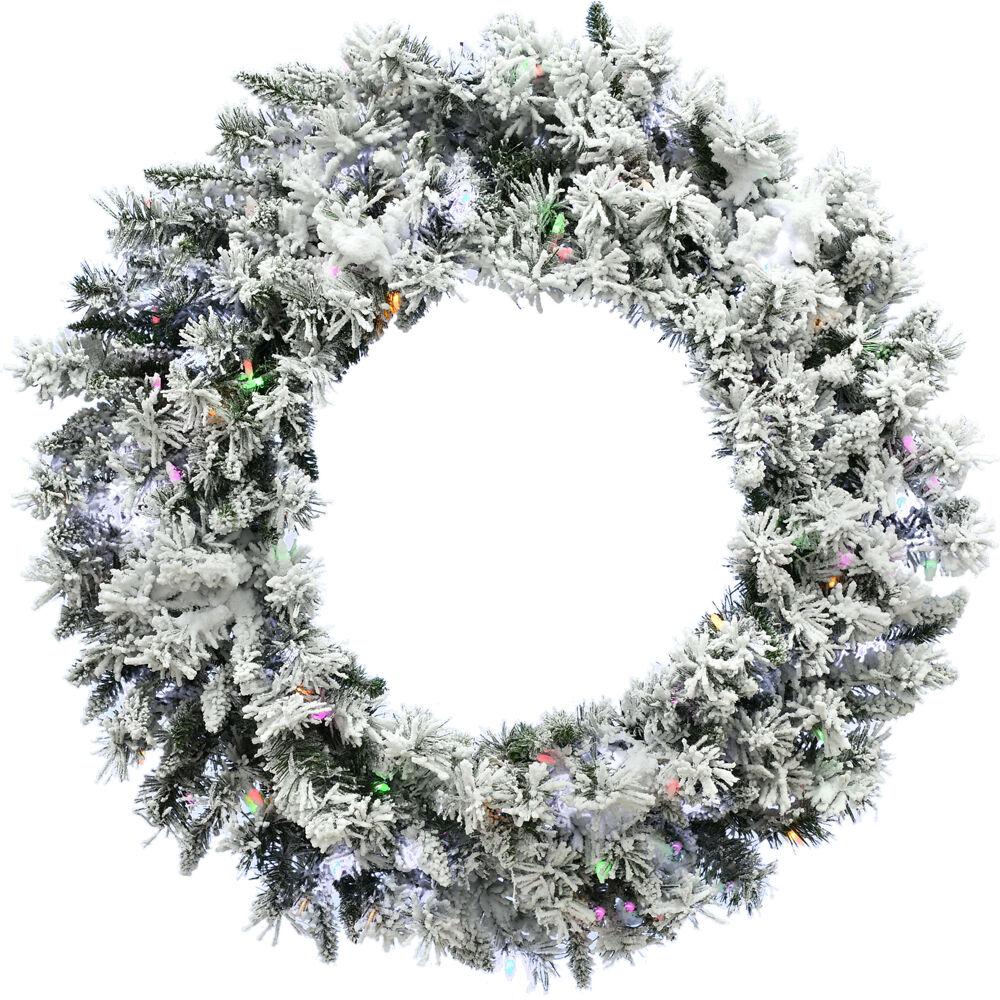 FHF 24" Mountain Pine Flocked Wreath, B/O 3 Function Dual-Color Lights