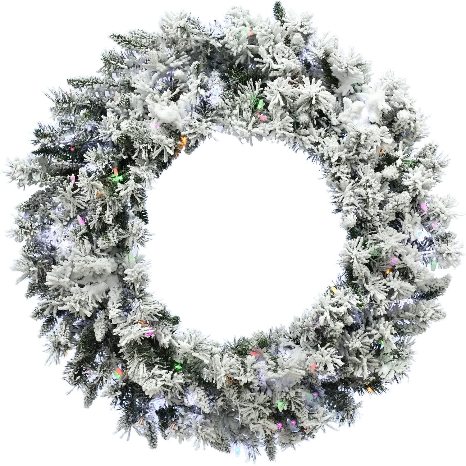 FHF 36" Mountain Pine Flocked Wreath, B/O 3 Function Dual-Color Lights