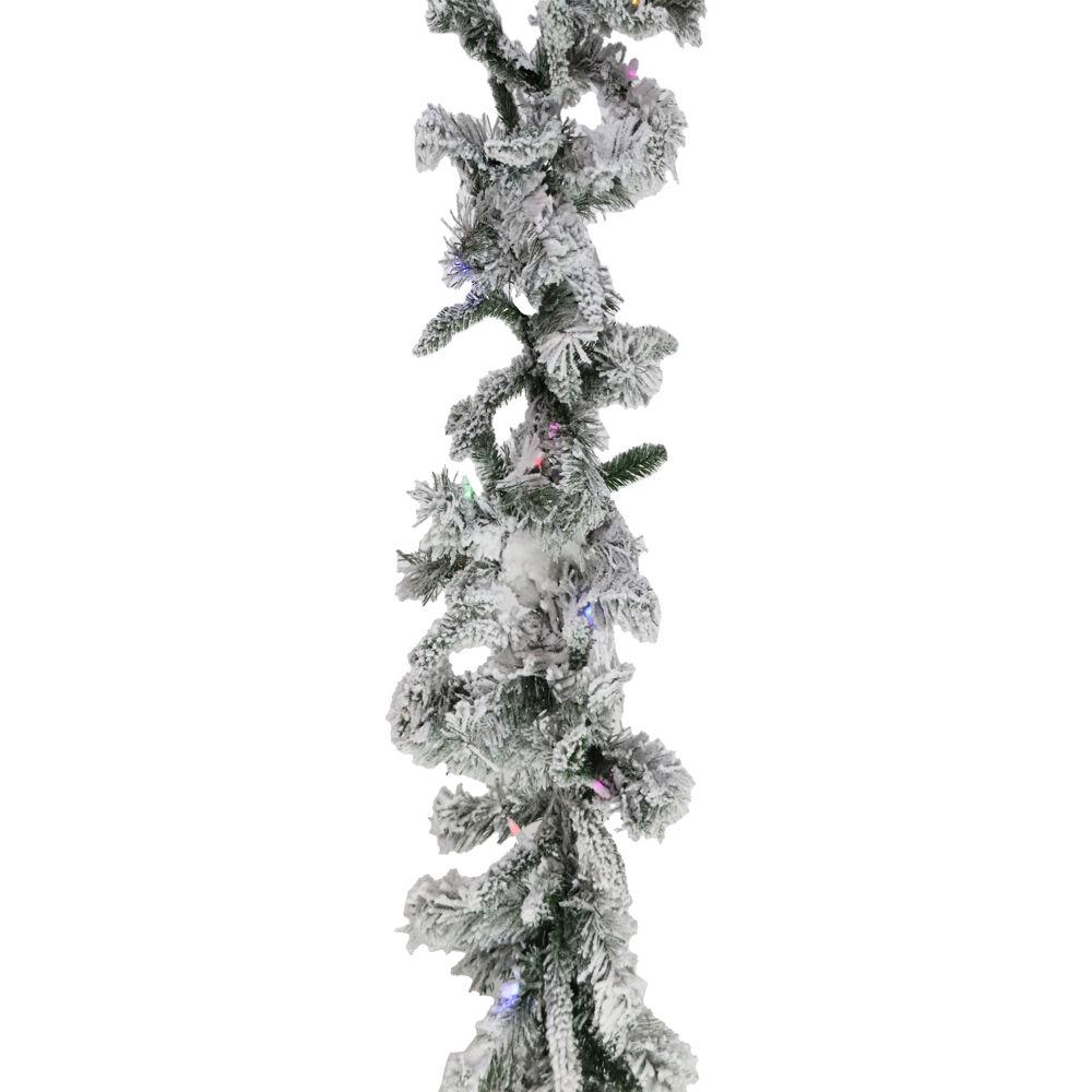 FHF 9-Ft Mountain Pine Flocked Garland, B/O 3 Function Dual-Color Lgts