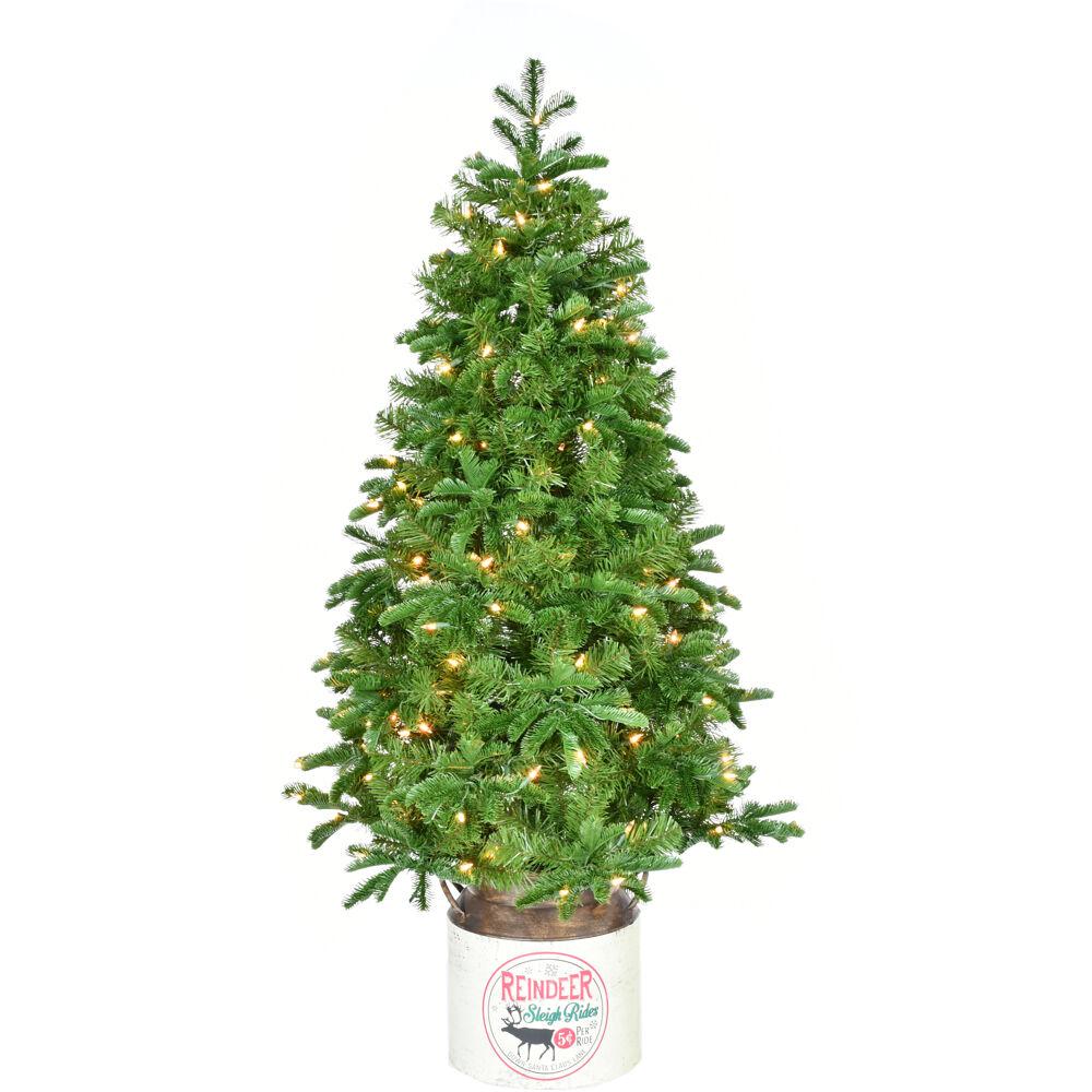 FHF 4.5' Porch Tree in Reindeer Pot, Warm White LED Lights