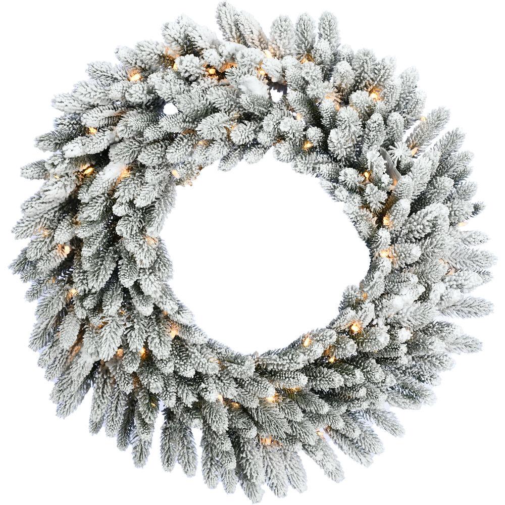 FHF 36" Icy Frost Snow Flocked Wreath, Battery Op Warm White LED Lights