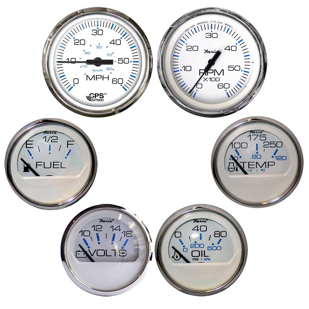 Faria Chesapeake White w/Stainless Steel Bezel Boxed Set of 6 - Speed, Tach, Fuel Level, Voltmeter, Water Temperature & Oil 