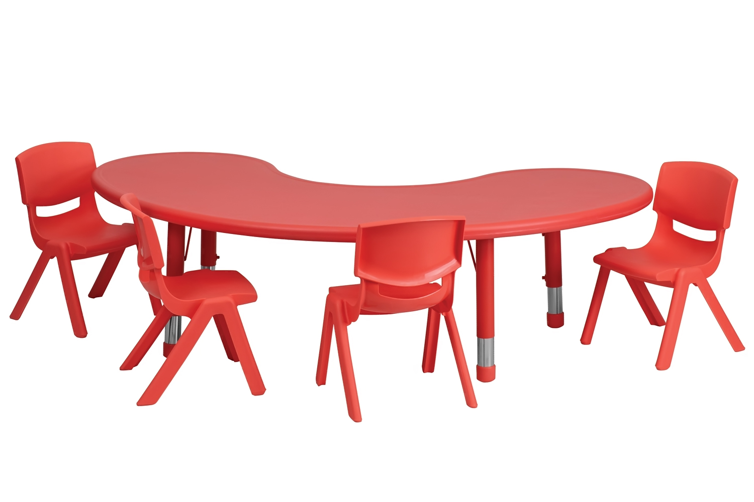 35''W x 65''L Half-Moon Red Plastic Height Adjustable Activity Table Set with 4 Chairs
