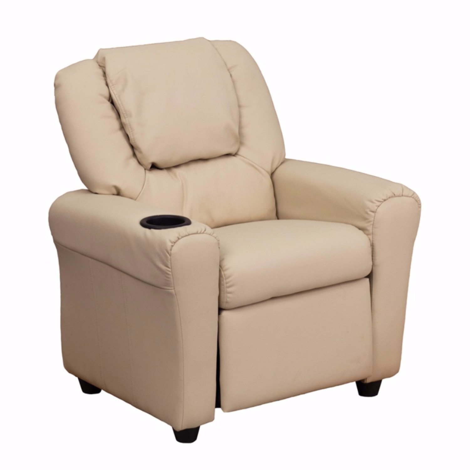 Contemporary Beige Vinyl Kids Recliner with Cup Holder and Headrest