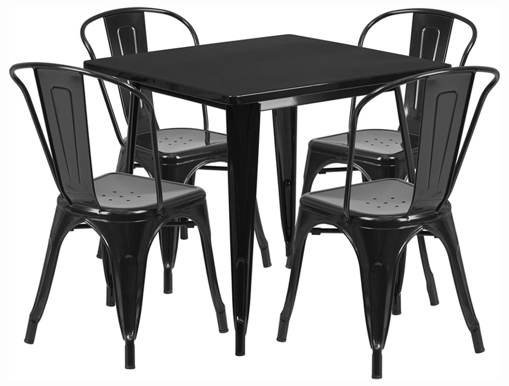 Commercial Grade 31.5" Square Black Metal Indoor-Outdoor Table Set with 4 Stack Chairs