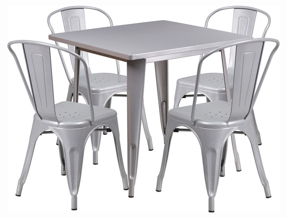 Commercial Grade 31.5" Square Silver Metal Indoor-Outdoor Table Set with 4 Stack Chairs
