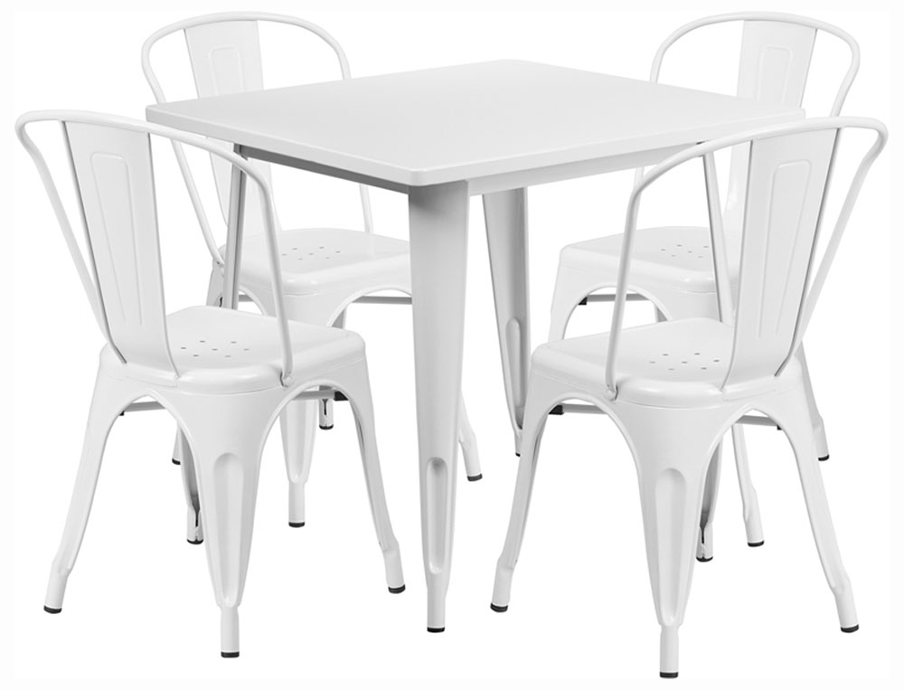 Commercial Grade 31.5" Square White Metal Indoor-Outdoor Table Set with 4 Stack Chairs