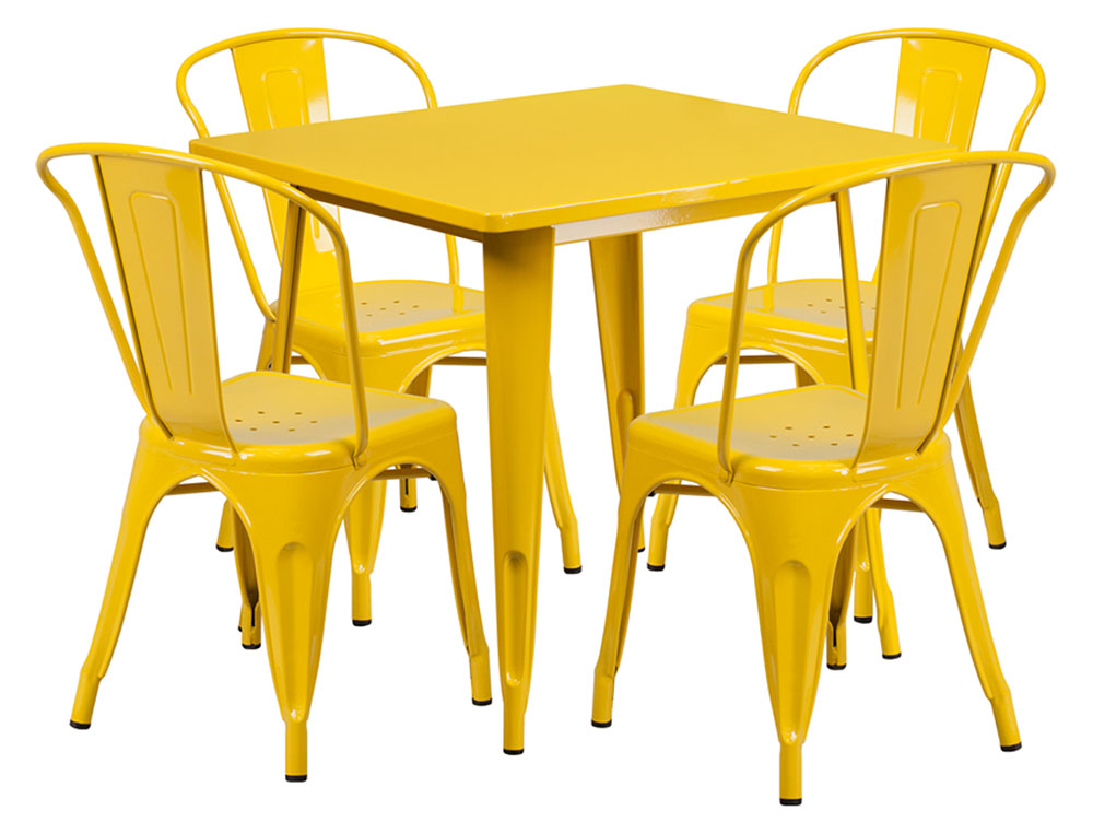 Commercial Grade 31.5" Square Yellow Metal Indoor-Outdoor Table Set with 4 Stack Chairs