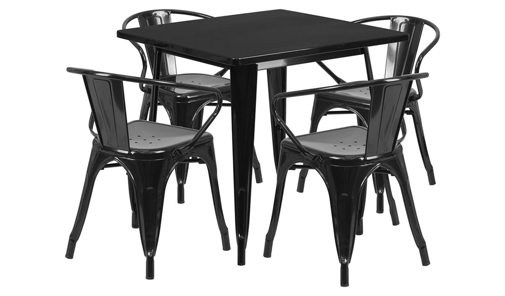 31.5'' Square Black Metal Indoor-Outdoor Table Set with 4 Arm Chairs