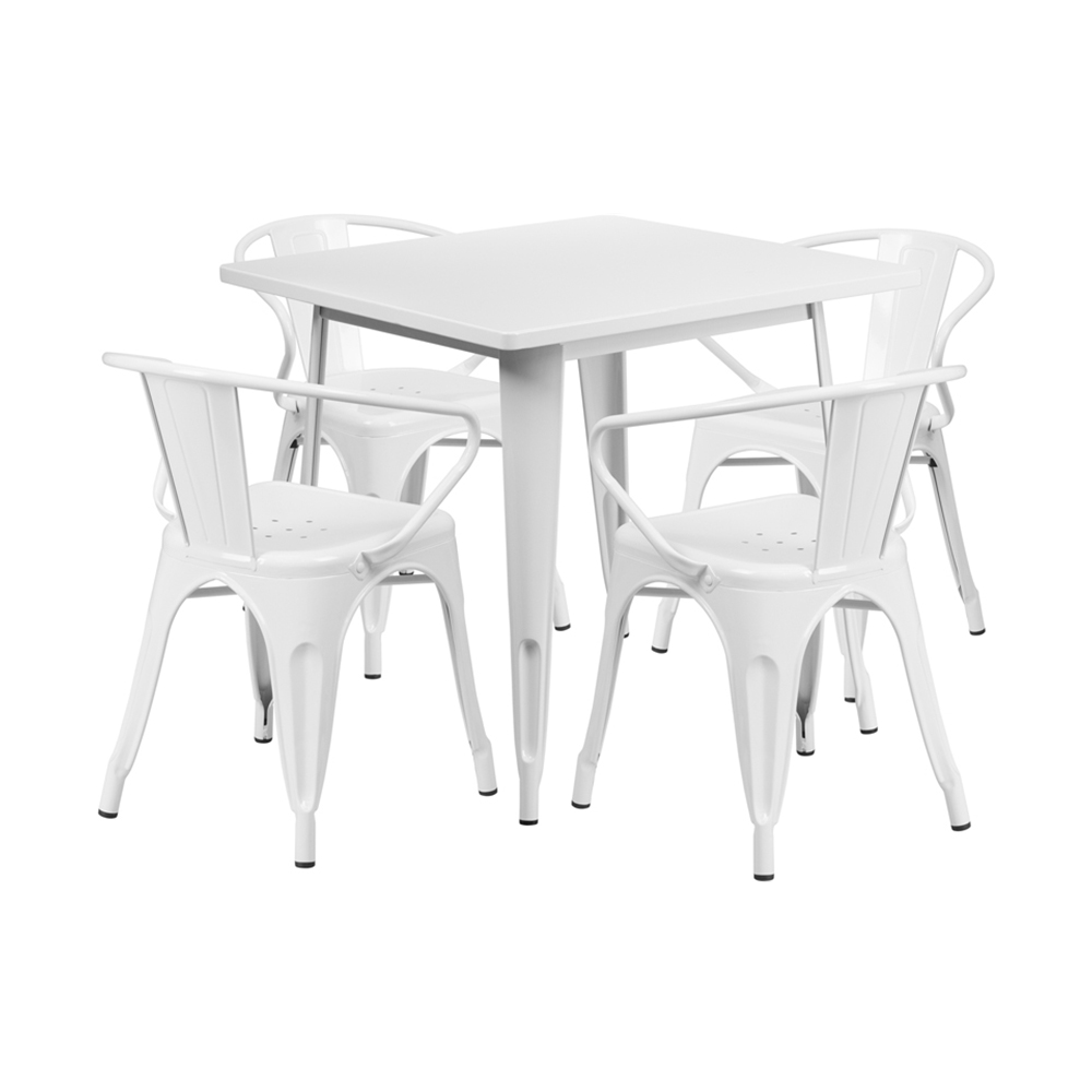 31.5'' Square White Metal Indoor-Outdoor Table Set with 4 Arm Chairs