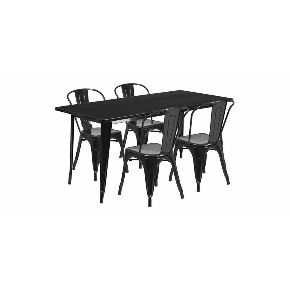 31.5''x63'' Rectangular Black Metal In-Outdoor Table Set with 4 Stack Chairs