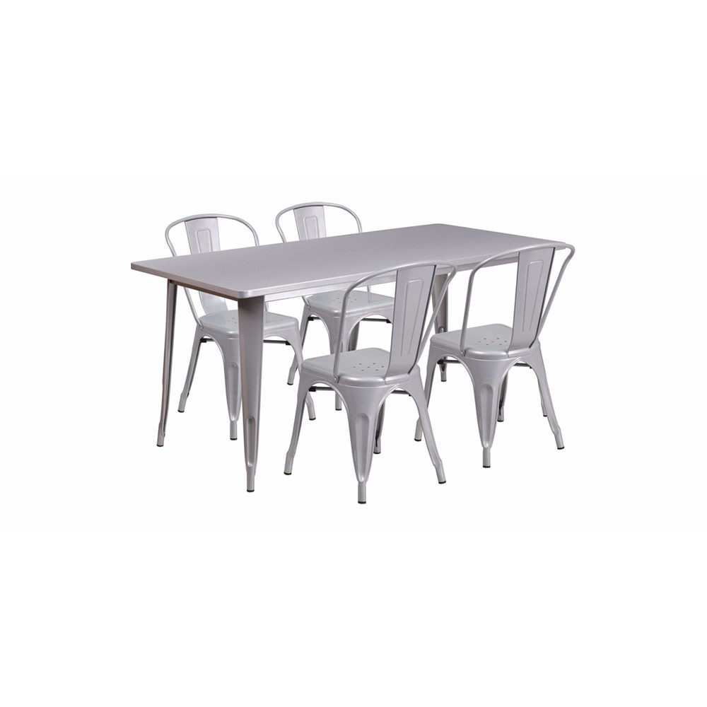31.5''x63'' Rectangular Silver Metal In-Outdoor Table Set with 4 Stack Chairs