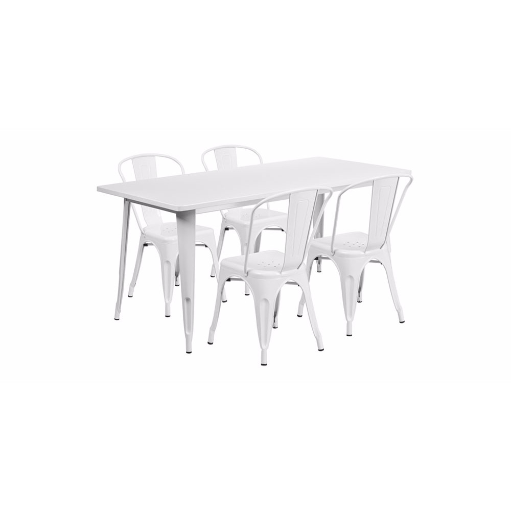31.5''x63'' Rectangular White Metal In-Outdoor Table Set with 4 Stack Chairs