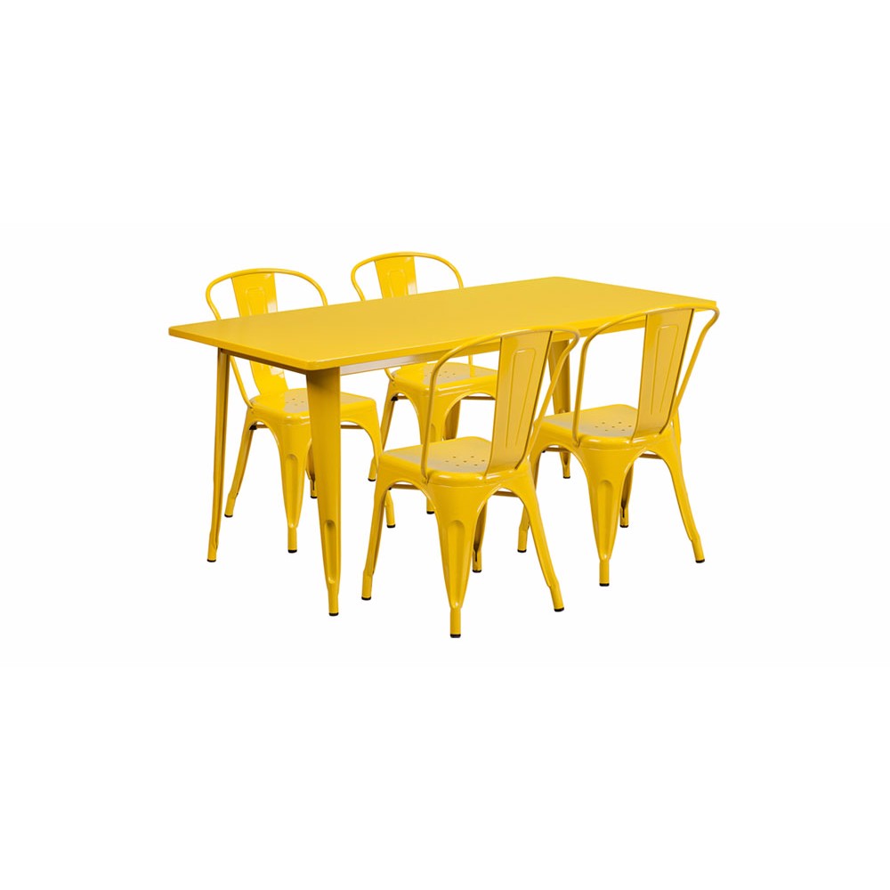 31.5''x63'' Rectangular Yellow Metal In-Outdoor Table Set with 4 Stack Chairs