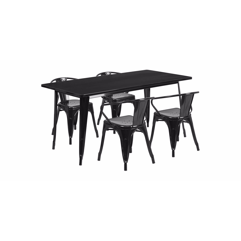 31.5'' x 63'' Rectangular Black Metal Indoor-Outdoor Table Set with 4 Arm Chairs