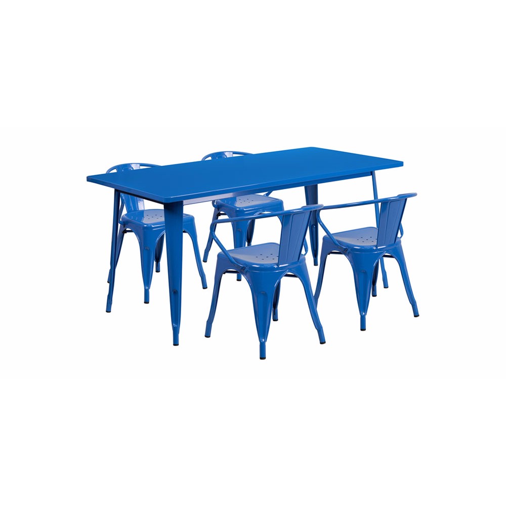 31.5'' x 63'' Rectangular Blue Metal Indoor-Outdoor Table Set with 4 Arm Chairs