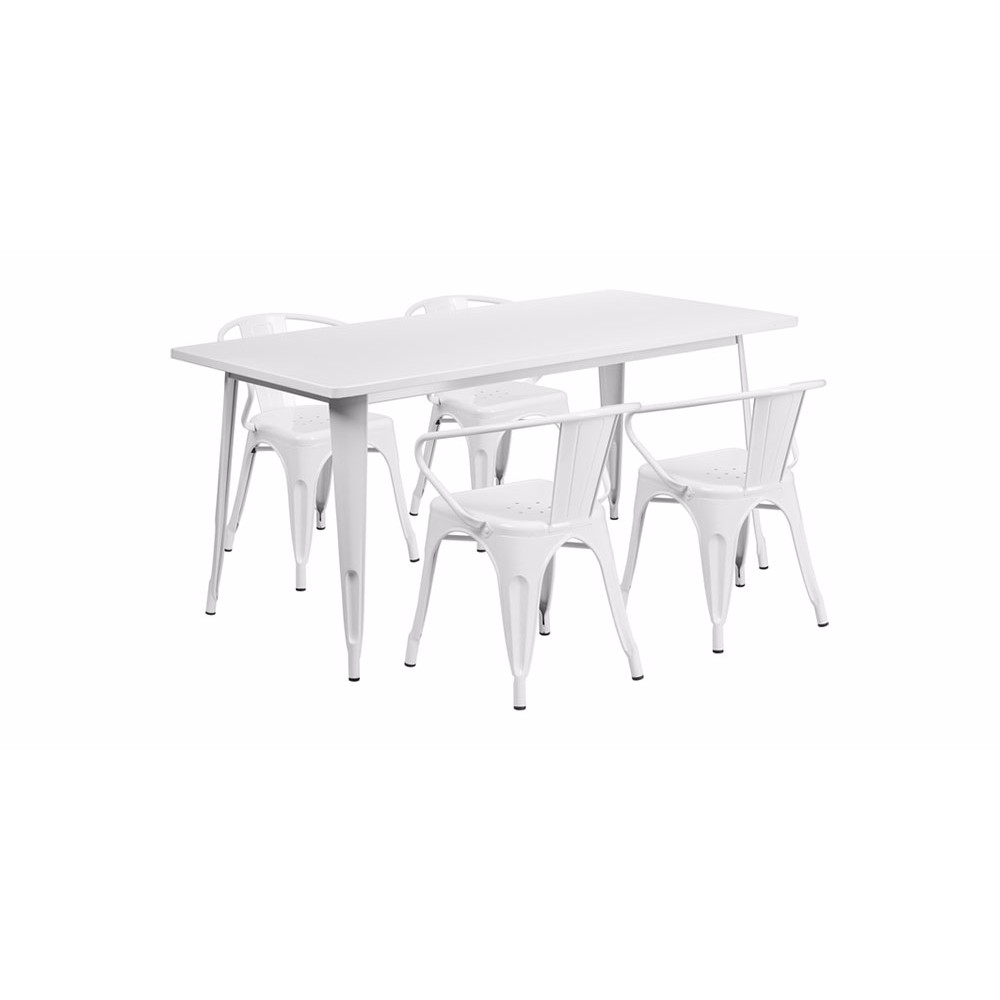 31.5'' x 63'' Rectangular White Metal Indoor-Outdoor Table Set with 4 Arm Chairs