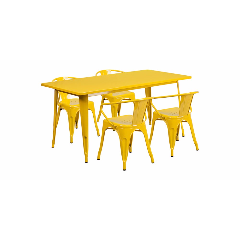 31.5''x63'' Rectangular Yellow Metal Indoor-Outdoor Table Set with 4 Arm Chairs