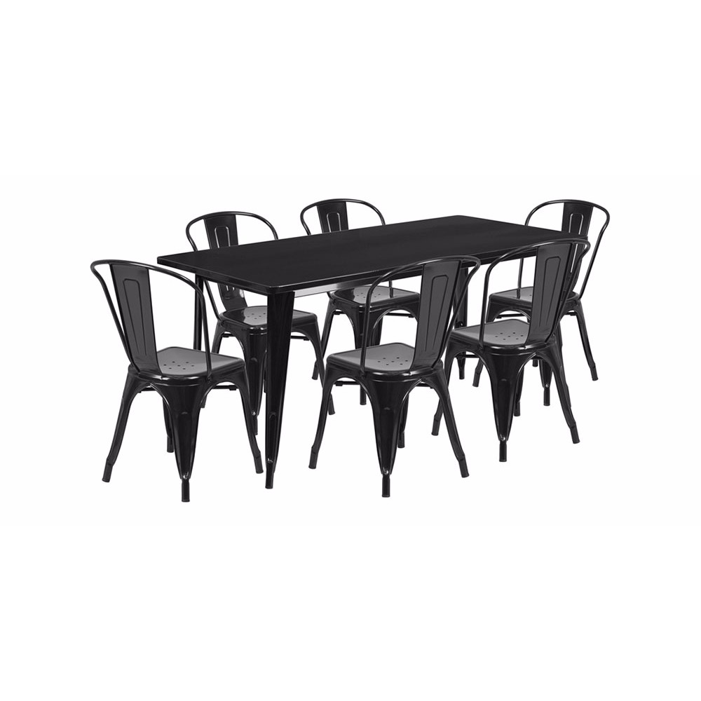 Commercial Grade 31.5" x 63" Rectangular Black Metal Indoor-Outdoor Table Set with 6 Stack Chairs