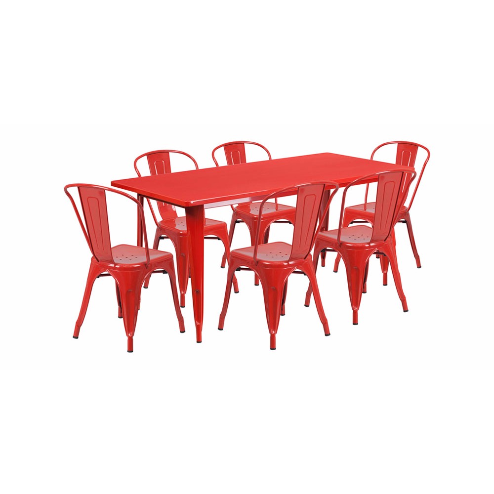 31.5'' x 63'' Rectangular Red Metal Indoor-Outdoor Table Set with 6 Stack Chairs