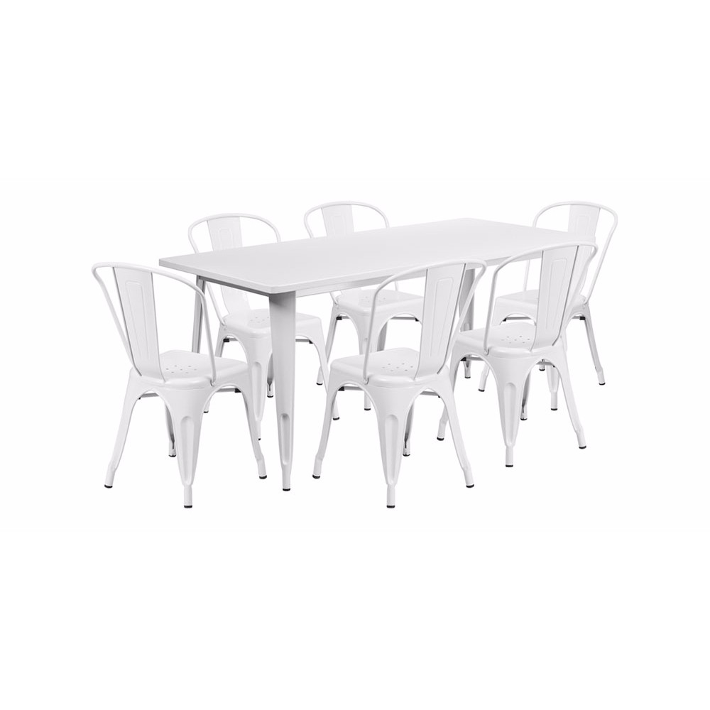 31.5''x63'' Rectangular White Metal In-Outdoor Table Set with 6 Stack Chairs