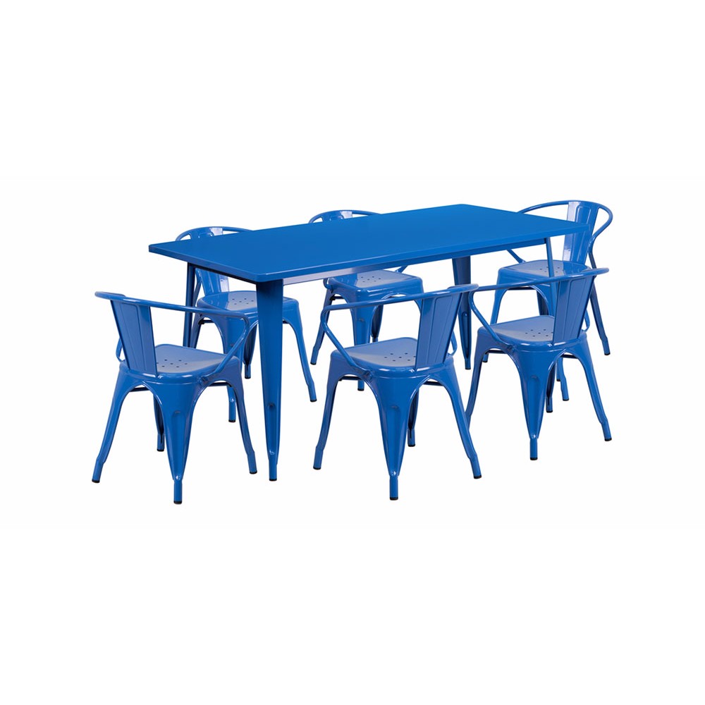 31.5'' x 63'' Rectangular Blue Metal Indoor-Outdoor Table Set with 6 Arm Chairs