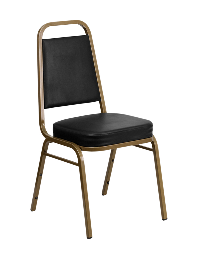HERCULES Series Trapezoidal Back Stacking Banquet Chair in Black Vinyl - Gold Frame