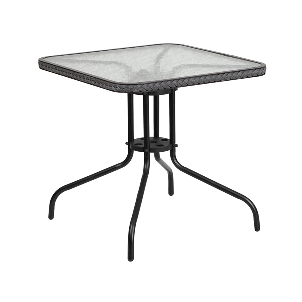 28'' Square Tempered Glass Metal Table with Gray Rattan Edging
