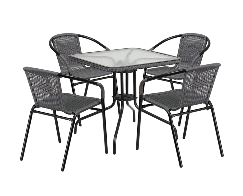 28'' Square Glass Metal Table with Gray Rattan Edging and 4 Gray Rattan Stack Chairs