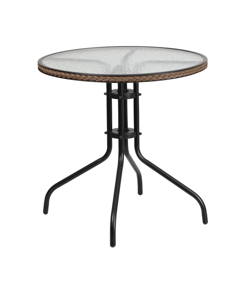 28'' Round Tempered Glass Metal Table with Dark Brown Rattan Edging