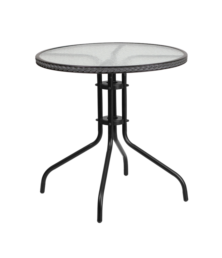 28'' Round Tempered Glass Metal Table with Gray Rattan Edging