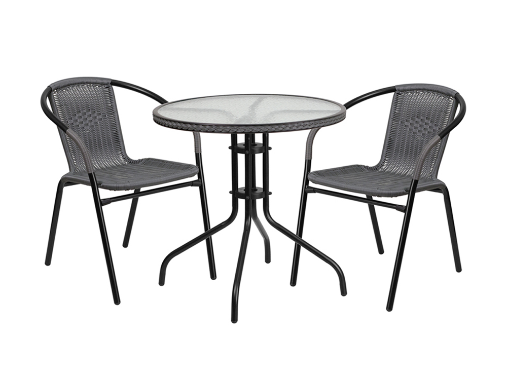 28'' Round Glass Metal Table with Gray Rattan Edging and 2 Gray Rattan Stack Chairs