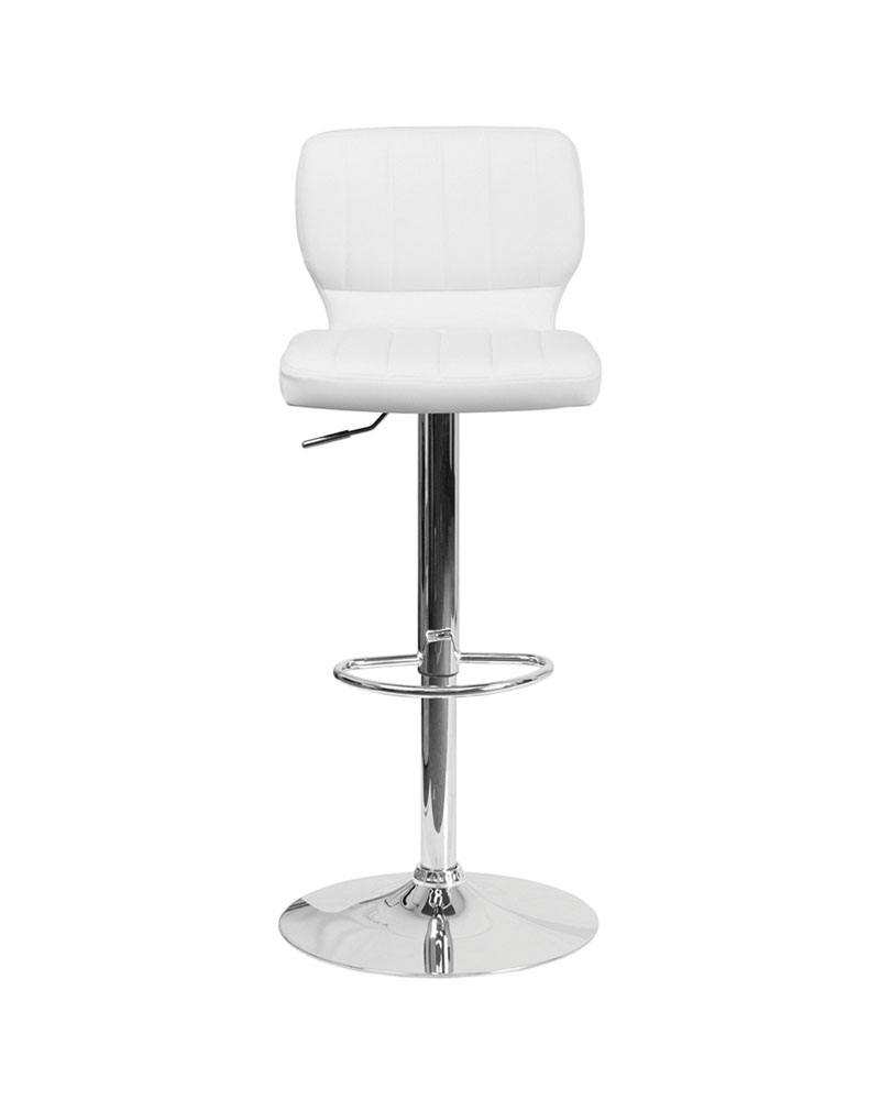 Contemporary White Vinyl Adjustable Height Barstool with Vertical Stitch Back and Chrome Base