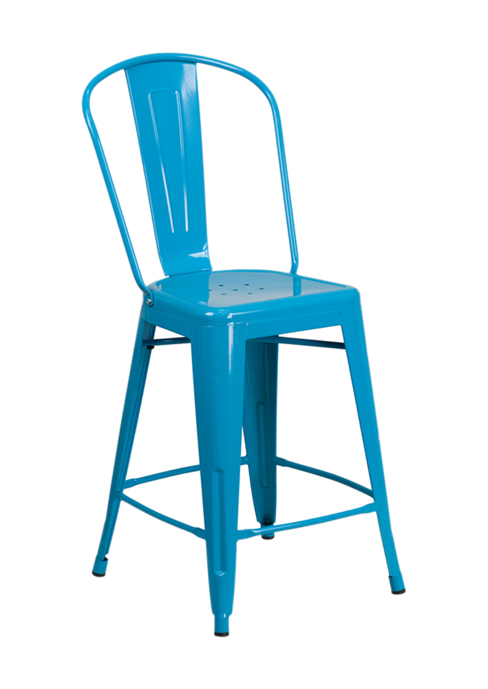 Commercial Grade 24" High Crystal Teal-Blue Metal Indoor-Outdoor Counter Height Stool with Back