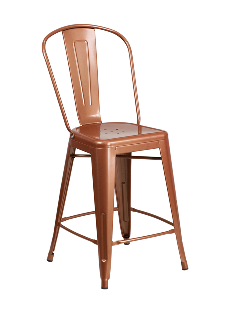 Commercial Grade 24" High Copper Metal Indoor-Outdoor Counter Height Stool with Back