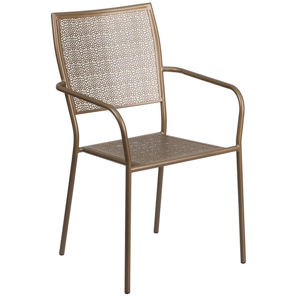 Commercial Grade Gold Indoor-Outdoor Steel Patio Arm Chair with Square Back
