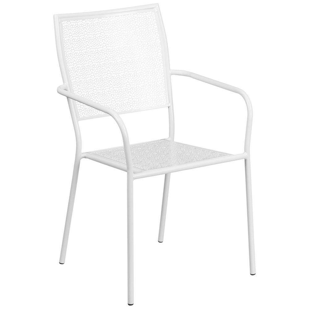 Commercial Grade White Indoor-Outdoor Steel Patio Arm Chair with Square Back