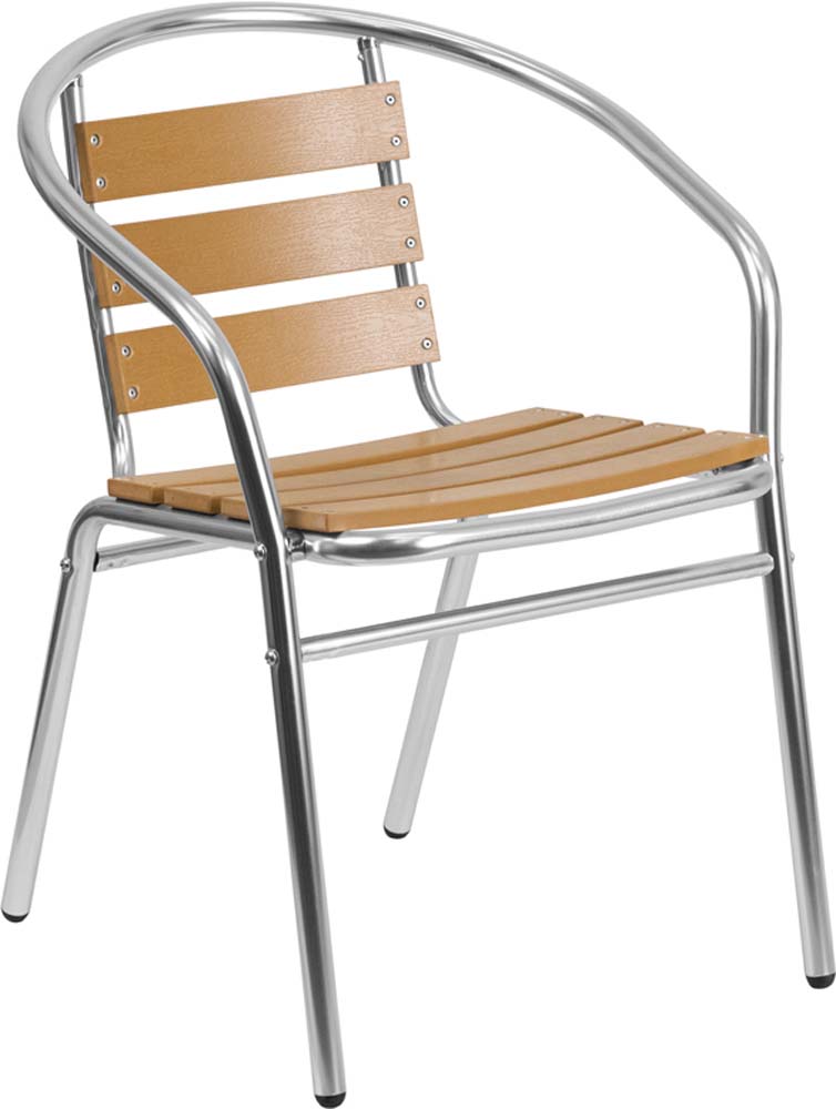 Commercial Aluminum Indoor-Outdoor Restaurant Stack Chair with Triple Slat Faux Teak Back