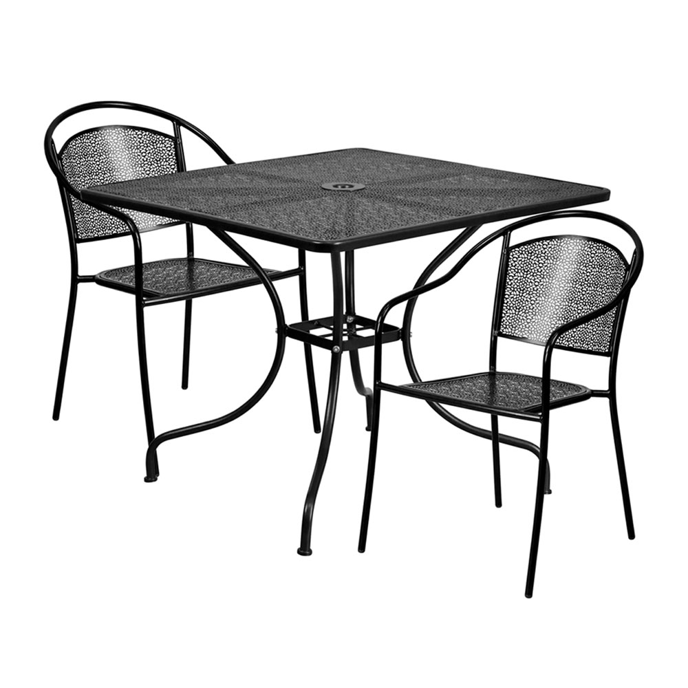 Commercial Grade 35.5" Square Black Indoor-Outdoor Steel Patio Table Set with 2 Round Back Chairs