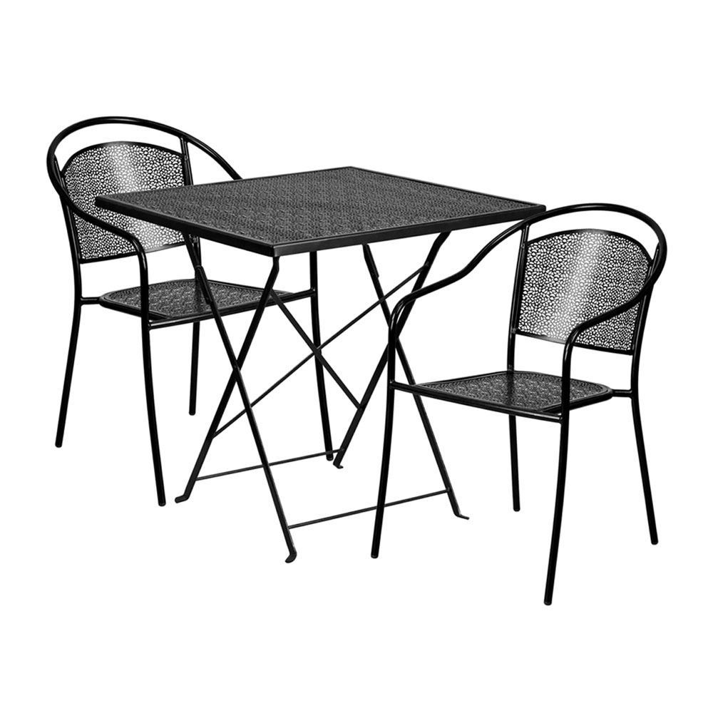 Commercial Grade 28" Square Black Indoor-Outdoor Steel Folding Patio Table Set with 2 Round Back Chairs