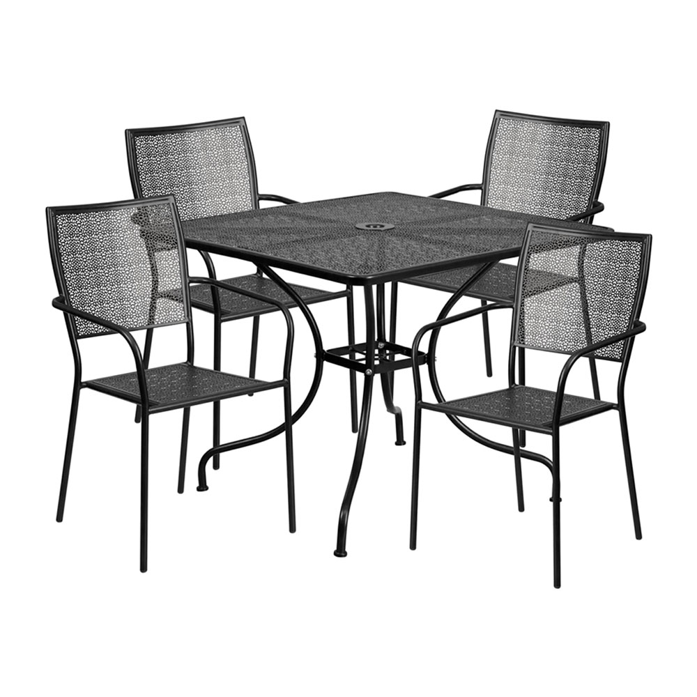 Commercial Grade 35.5" Square Black Indoor-Outdoor Steel Patio Table Set with 4 Square Back Chairs