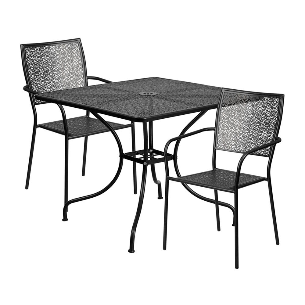 Commercial Grade 35.5" Square Black Indoor-Outdoor Steel Patio Table Set with 2 Square Back Chairs