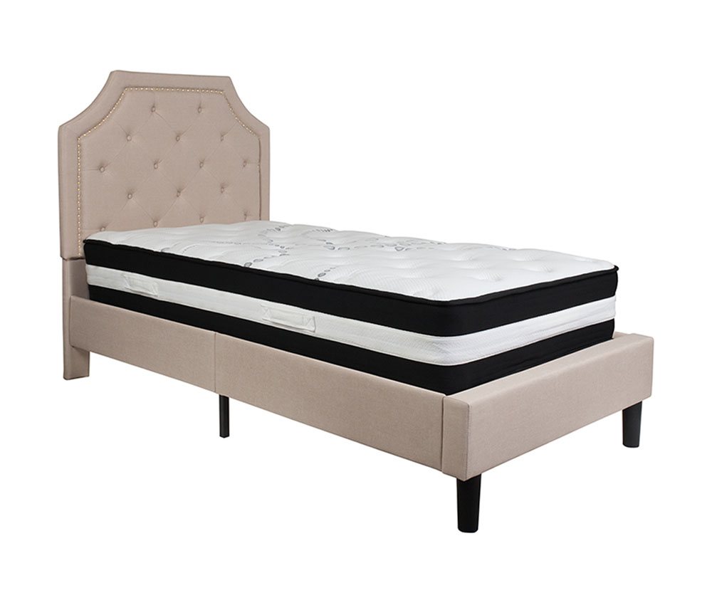Brighton Twin Size Tufted Upholstered Platform Bed in Beige Fabric with Pocket Spring Mattress