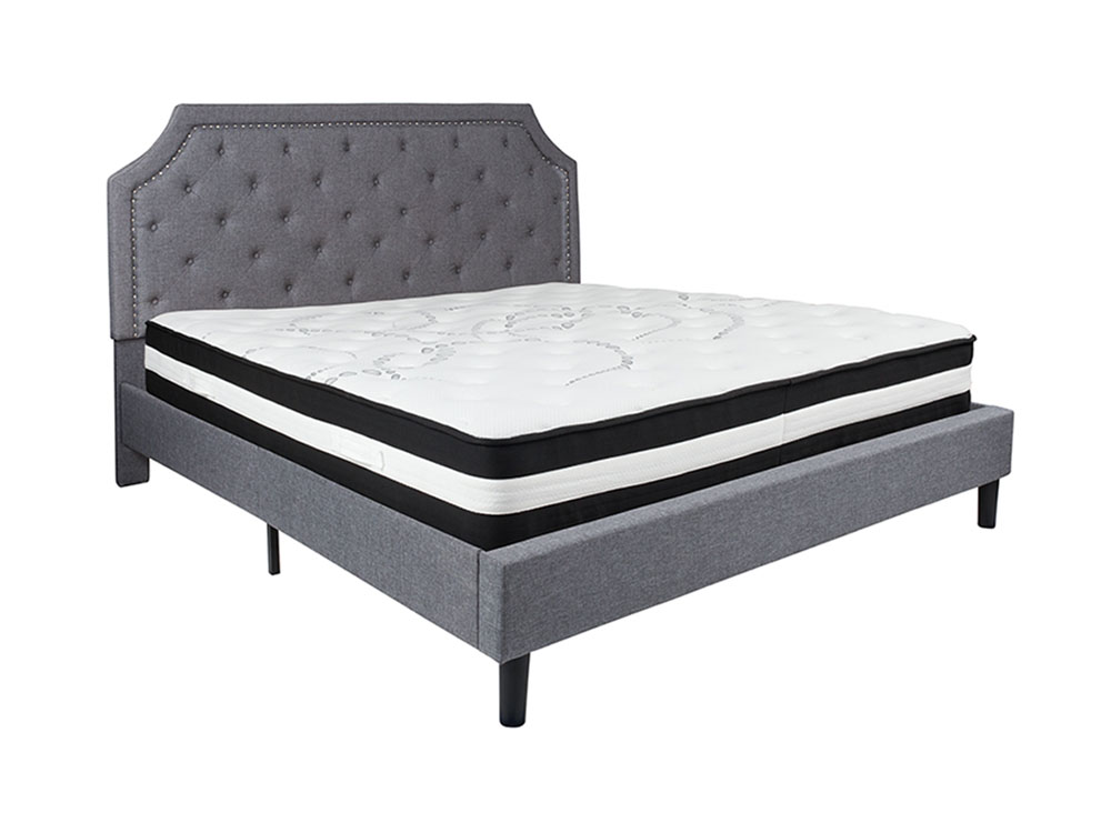 Brighton King Size Tufted Upholstered Platform Bed in Light Gray Fabric with Pocket Spring Mattress