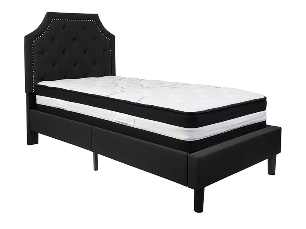 Brighton Twin Size Tufted Upholstered Platform Bed in Black Fabric with Pocket Spring Mattress